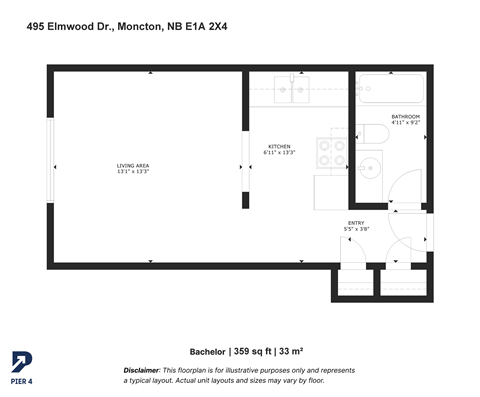 Floor plan for studio, 1 bath, 359 sqft